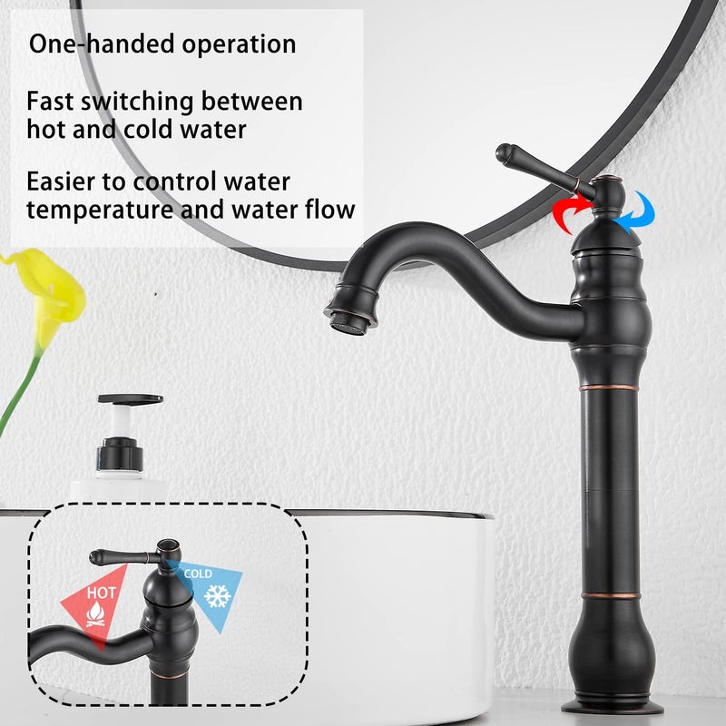 GGStudy 360Â° Swivel Single Handle One Hole Bathroom Vessel Sink Faucet Matching Pop Up Drain Without Overflow Oil Rubbed Bronze - Image 4